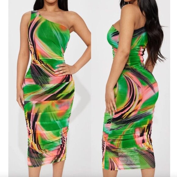 NEW NWT FASHION NOVA Mailee Mesh Midi Dress Green Neon Pink Black One Shoulder - Picture 1 of 12